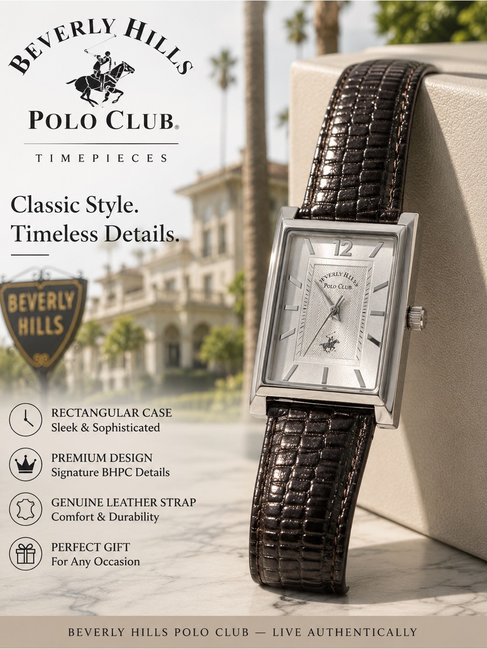 Beverly Hills Polo Club Men’s Black Leather Strap Rectangular Watch